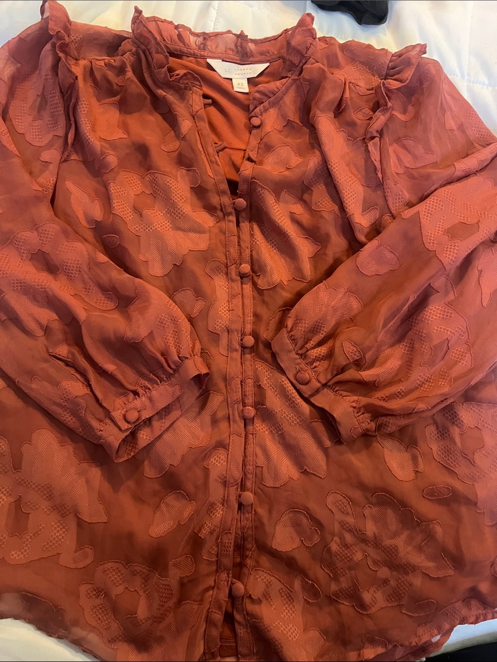 LC Lauren Conrad Rust Floral Jacquard Button-Front Blouse
